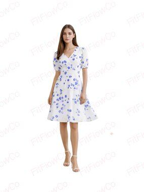 Calvin Klein White Blue Floral Fit Flare Dress Size 2 Puff Sleeve V Neck Empire